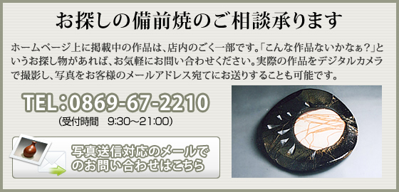 ホームページ上に掲載中の作品は、店内のごく一部です。「こんな作品ないかなぁ？」というお探し物があれば、お気軽にお問い合わせください。実際の作品をデジタルカメラで撮影し、写真をお客様のメールアドレス宛てにお送りすることも可能です。TEL：0869-67-2210 （受付時間　9：30～21：00）